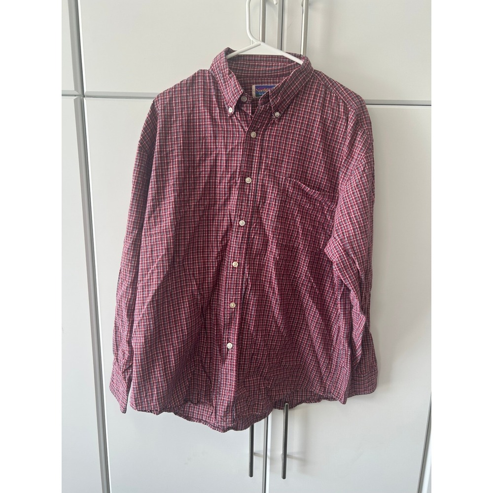 North Crest Mens Large Red Plaid Cotton‎ Long Sleeve Button Down Shirt Pocket